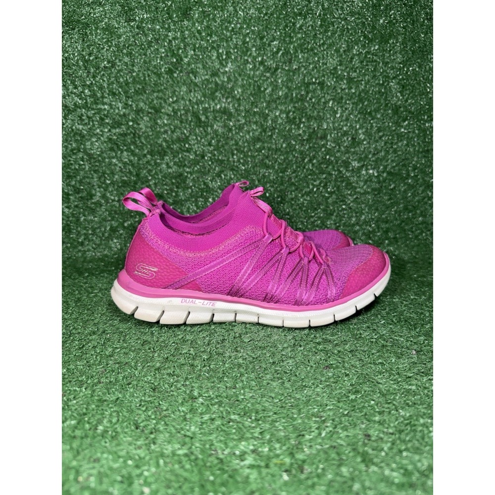 Skechers Womens Size 5.5 Stretch Knit Pink White Comfort Shoes Walking Sneakers